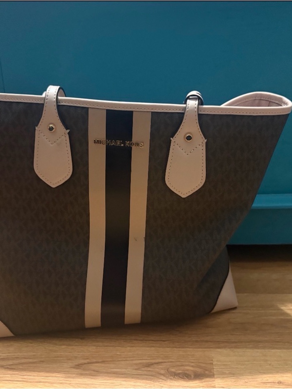 Michael Kors Brown Tote with Pink Trim and Striped Center